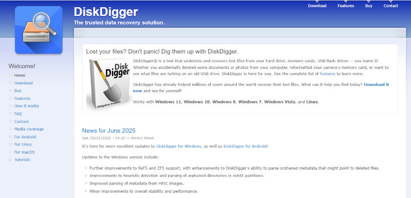 DiskDiggerホームページ